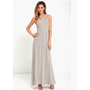 Lulus Chiffon Gown Pale Gray Criss Cross Neck A Line Floor Length Medium NEW